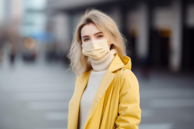 una mujer con un abrigo amarillo lleva una mascarilla quirúrgica