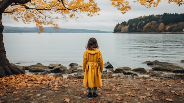 una mujer con un abrigo amarillo parada junto al agua en otoño