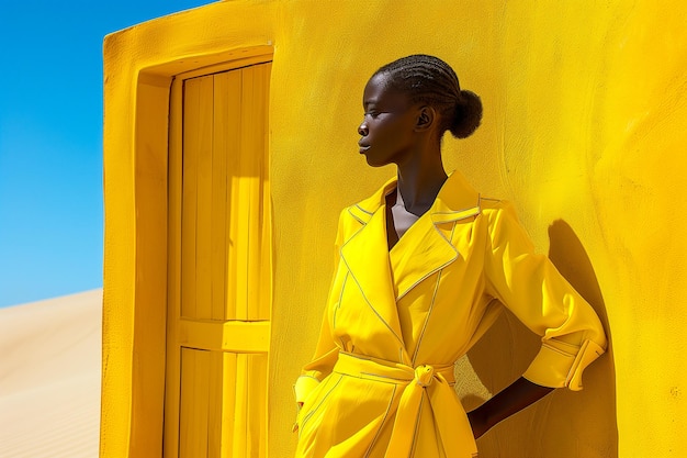 Foto una mujer con un abrigo amarillo está de pie frente a una pared amarilla