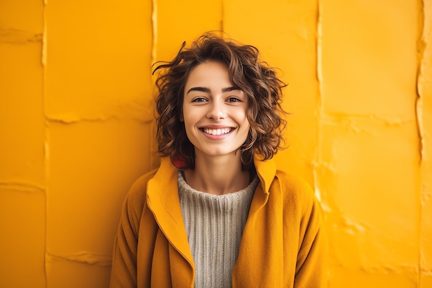 Una mujer con un abrigo amarillo sonríe a la cámara.