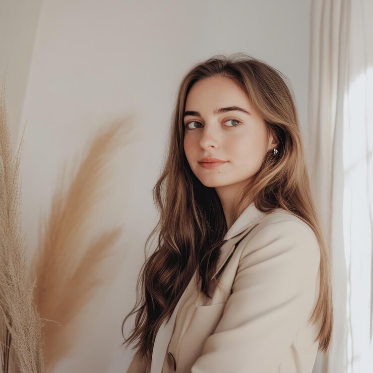 una mujer con un abrigo está posando frente a una pared blanca