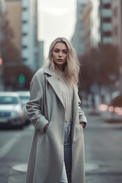 Una mujer con un abrigo gris se encuentra en una calle de la ciudad.
