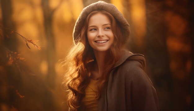 Una mujer con un abrigo marrón sonríe y sonríe.