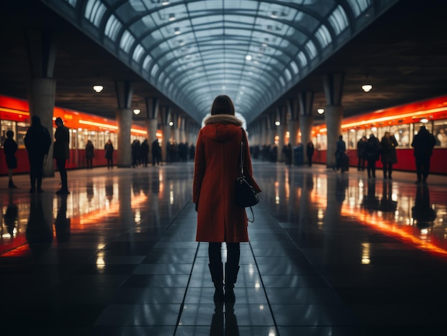 una mujer con un abrigo naranja se encuentra en una estación de tren vacía