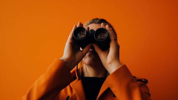 Una mujer con un abrigo naranja mira a través de binoculares.