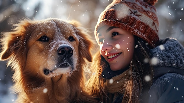 Mujer con abrigo de piel de oveja y sombrero con perro golden retriever en un bosque nevado en invierno