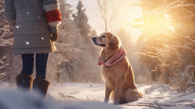 Mujer con abrigo de piel de oveja y sombrero con perro golden retriever en un bosque nevado en invierno