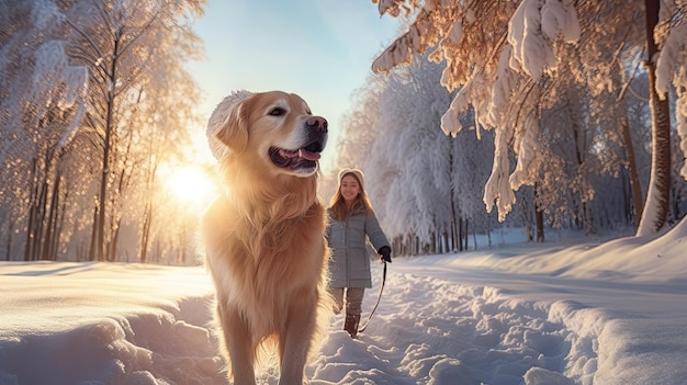 Mujer con abrigo de piel de oveja y sombrero con perro golden retriever en un bosque nevado en invierno