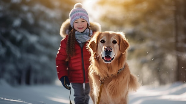 Mujer con abrigo de piel de oveja y sombrero con perro golden retriever en un bosque nevado en invierno