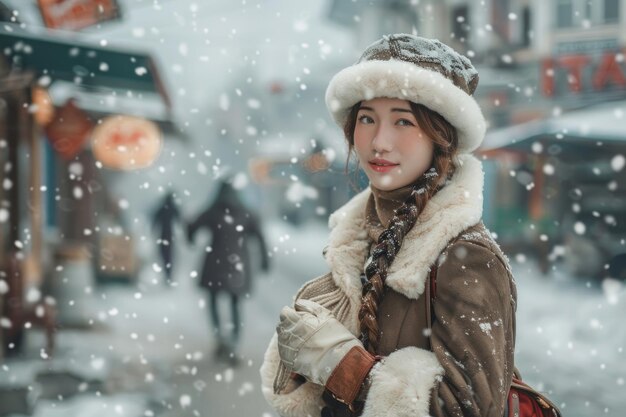 Mujer con abrigo de piel retro y botas en la calle nevada estilo vintage