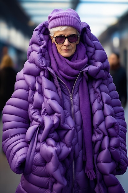 Foto mujer con abrigo púrpura y gafas de sol caminando por la calle ia generativa