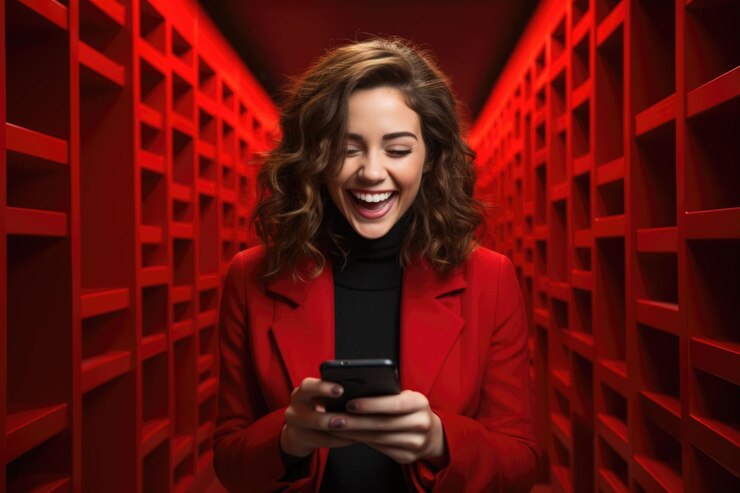 Una mujer con un abrigo rojo comprobando su teléfono celular
