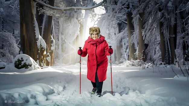 una mujer con un abrigo rojo está esquiando en la nieve