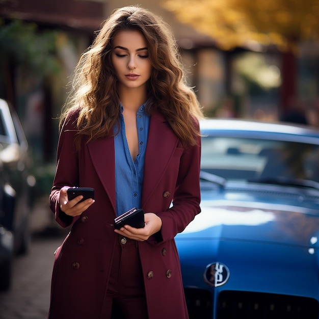 una mujer con un abrigo rojo está de pie frente a un coche azul con un teléfono en la mano