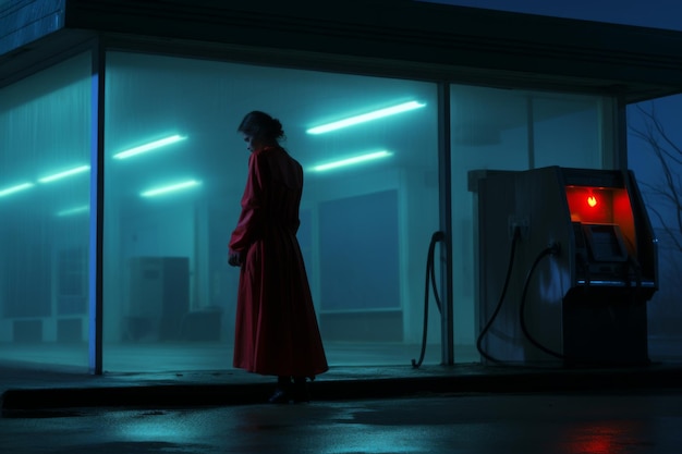 Mujer con abrigo rojo en la gasolinera