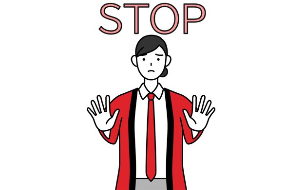 Mujer con un abrigo rojo happi con las manos extendidas delante de su cuerpo señalando una parada