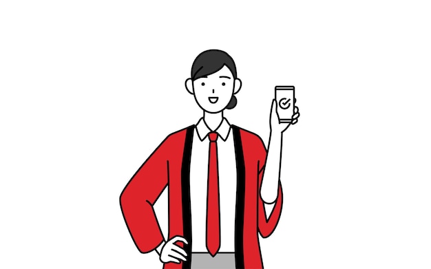 Mujer con un abrigo rojo usando un teléfono inteligente en el trabajo
