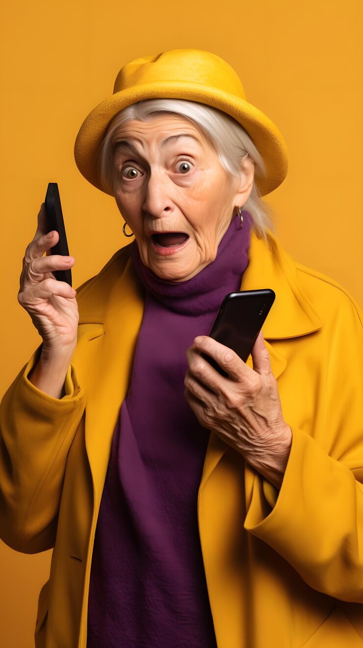 Una mujer con un abrigo y un sombrero amarillos sostiene un teléfono en la mano y parece sorprendida.