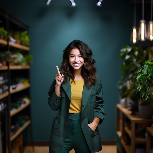 Foto una mujer con un abrigo verde apunta a la cámara.