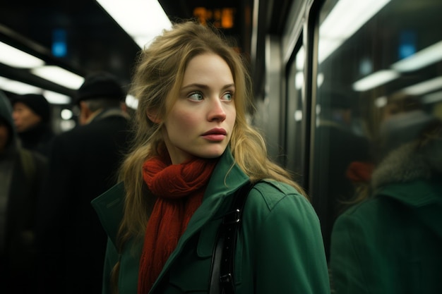 Una mujer con un abrigo verde y una bufanda roja en el metro.