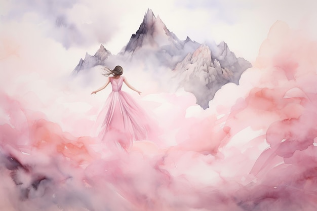 Mujer abstracta con vestido en las montañas hermosa imagen de ilustración IA generativa