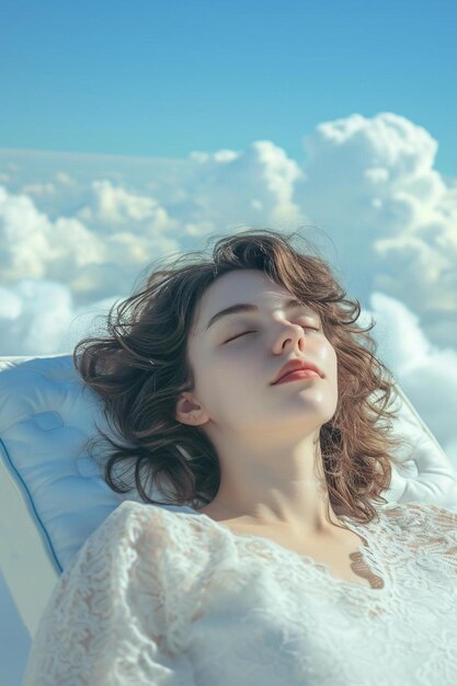 Foto una mujer acostada en una almohada en las nubes