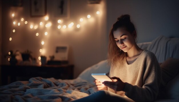 Una mujer acostada en la cama leyendo en una tableta digital generada por IA