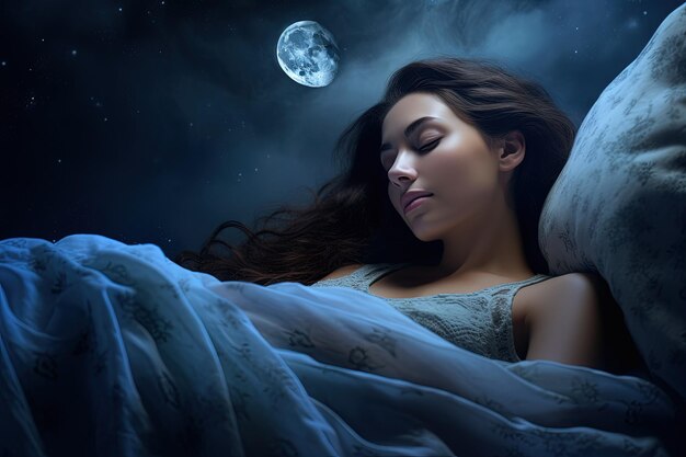 Una mujer acostada en la cama bajo la luna llena