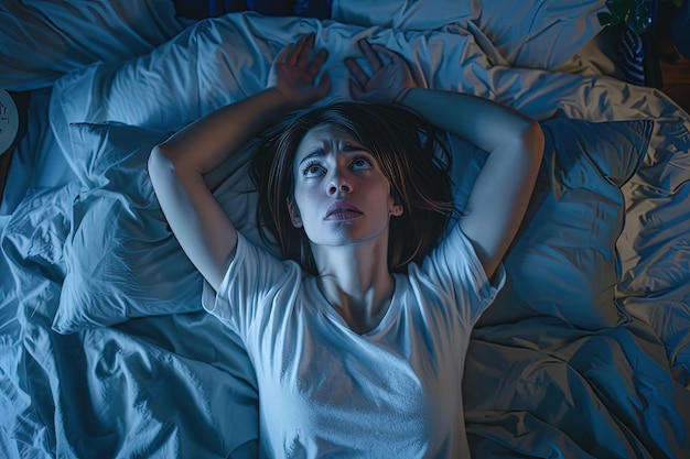 Una mujer acostada en la cama con las manos en la cabeza