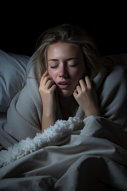 Foto una mujer acostada en la cama con las manos en la cara