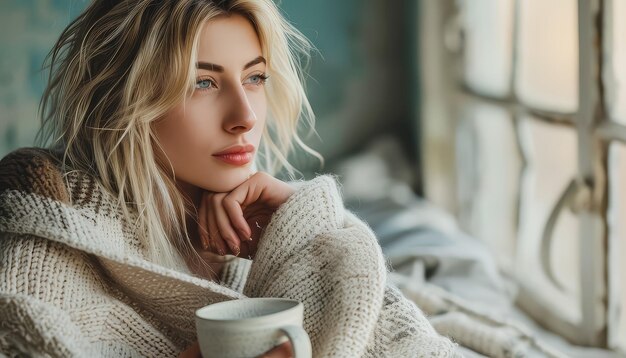 Foto una mujer está acostada en una cama con una manta envuelta sobre ella