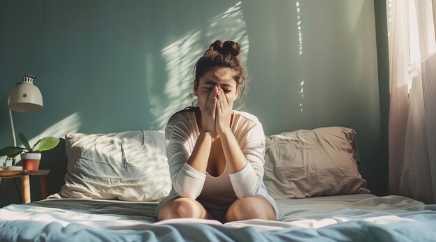 Una mujer acostada en la cama con un pañuelo en la mano parecía muy enferma con fiebre alta