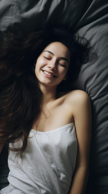 Una mujer acostada en una cama con el pelo ondeando al viento.