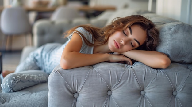 Mujer acostada en un cómodo sofá en la sala de estar y durmiendo