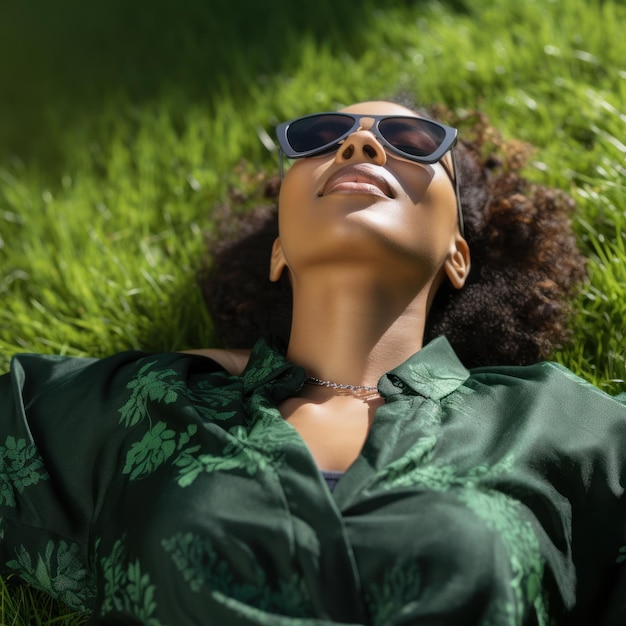 Mujer acostada en la hierba con gafas de sol