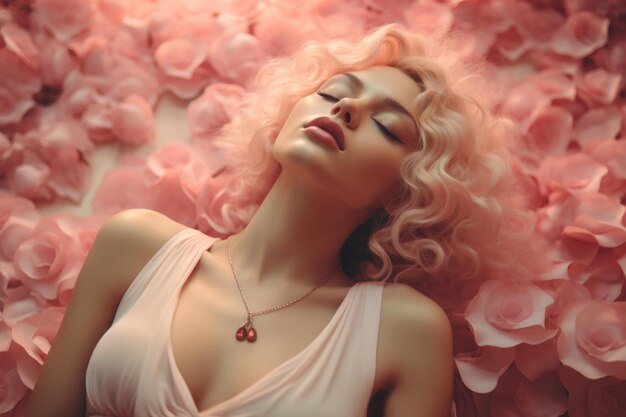 Mujer acostada en un lecho de flores rosas