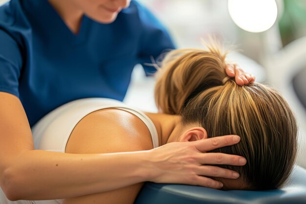 Foto una mujer acostada en una mesa de masaje mientras recibe un masaje profesional de espalda en un salón de belleza visualizar el alivio de un paciente después de una sesión de masaje de fisioterapia generada por ia