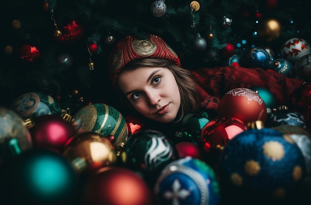 Mujer acostada en la Navidad coloridas bolas de vidrio decorativas Fiesta de invierno con adornos brillantes y brillantes Generar ai