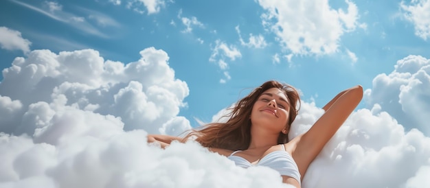 Foto mujer acostada en una nube en el cielo