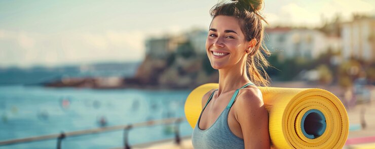Mujer activa con estera de yoga sonriendo después de una sesión de entrenamiento en la playa