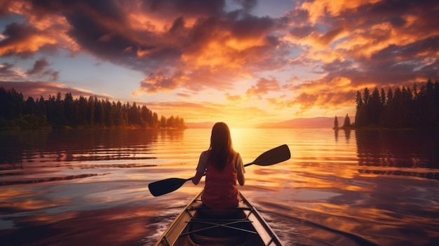 Mujer activa navegando en kayak en aguas tranquilas disfrutando de la tranquilidad de la naturaleza generada por IA