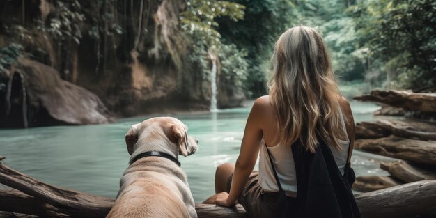 Mujer activa senderismo a cascada con perro labrador retriever