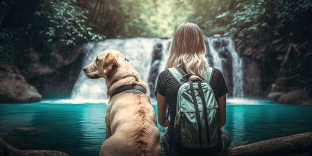 Mujer activa senderismo a cascada con perro labrador retriever