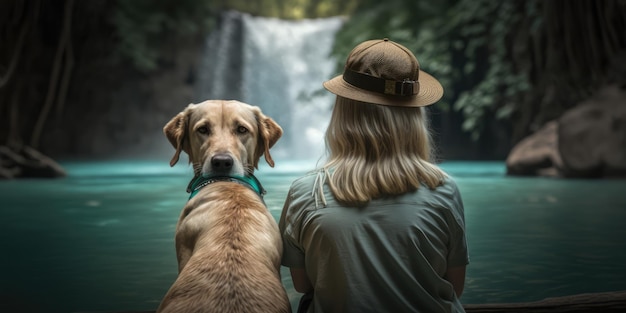 Mujer activa senderismo a cascada con perro labrador retriever