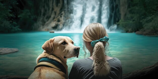 Mujer activa senderismo a cascada con perro labrador retriever