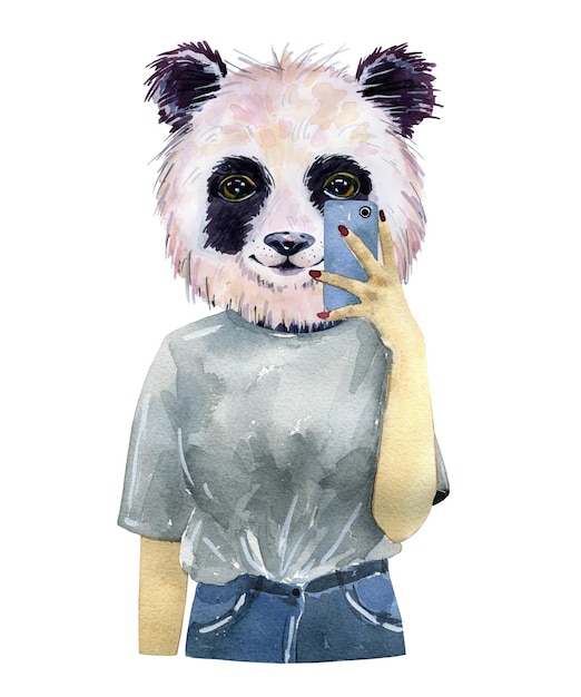 Mujer acuarela con cabeza de panda tomando selfie arte moderno