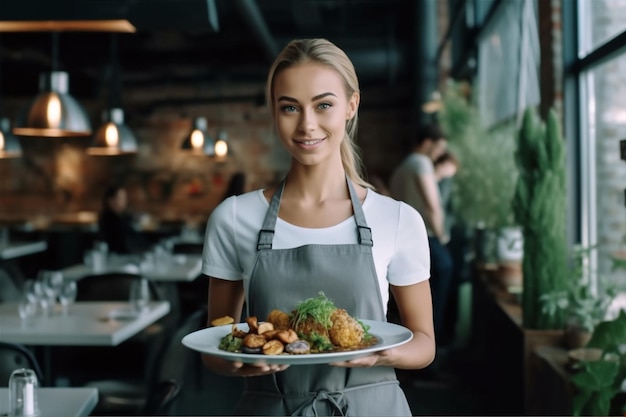 Mujer adentro profesión sonrisa trabajo restaurante comida de pie sosteniendo retrato camarero IA generativa