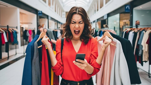 Foto mujer adicta a las compras en el centro comercial con perchas de ropa elegante gritando de ira y conmoción