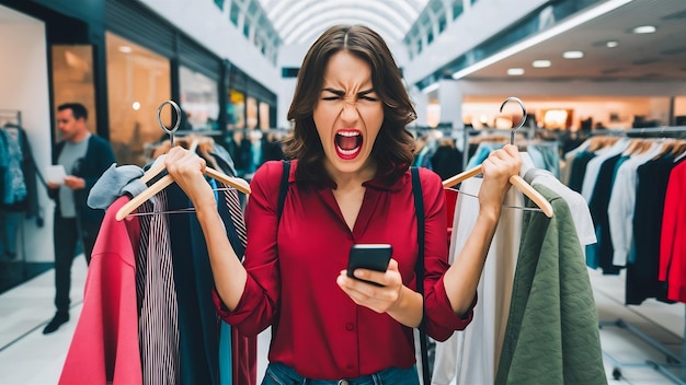 Foto mujer adicta a las compras en el centro comercial con perchas de ropa elegante gritando de ira y conmoción