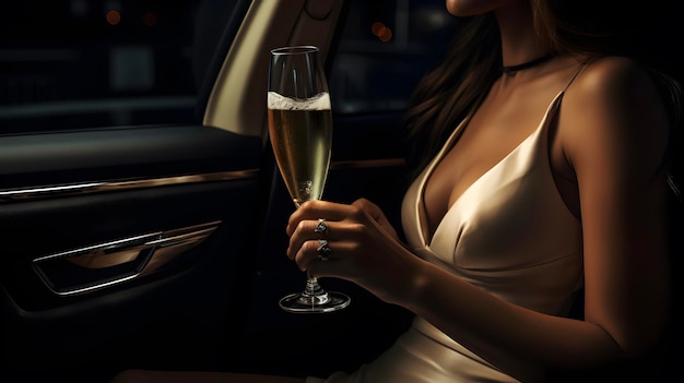 Una mujer adinerada con una copa de champán en el coche de lujo